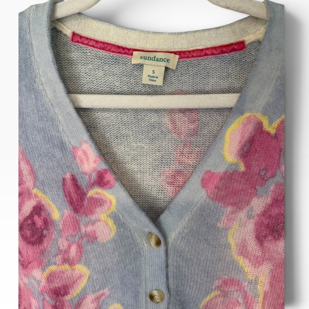 Sundance Floral Watercolor Cardigan Sweater Blue Pink Wool Blend V-Neck Small - Picture 2 of 5